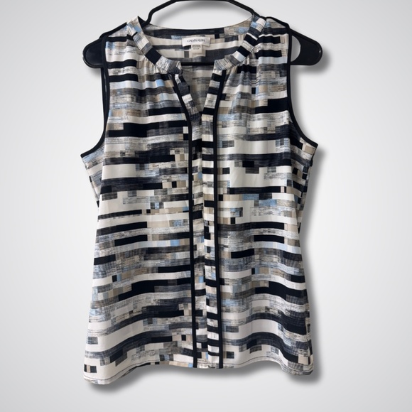 Calvin Klein Women's Geometric Sleeveless Blouse - Black, White, Gray - Picture 1 of 5